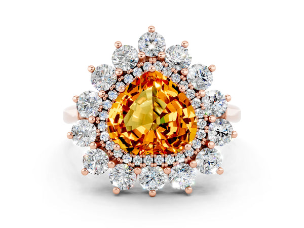 Rose gold Heart Cut Citrine Floral Double Halo Engagement Ring with Prong Setting