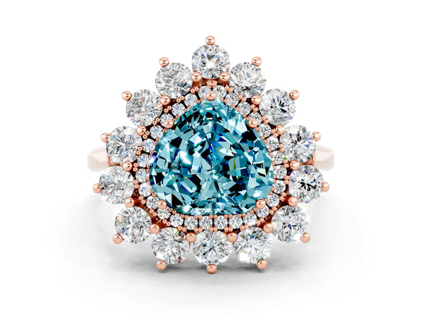Rose gold Heart Cut Blue Topaz Floral Double Halo Engagement Ring with Prong Setting