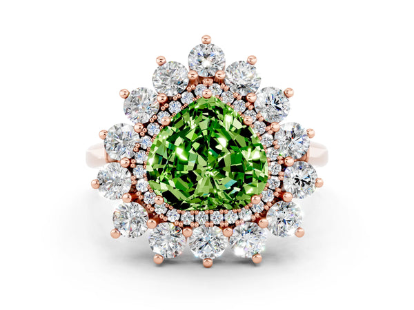 Rose gold Heart Cut Peridot Floral Double Halo Engagement Ring with Prong Setting
