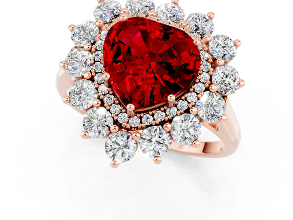Rose gold Heart Cut Ruby Floral Double Halo Engagement Ring with Prong Setting