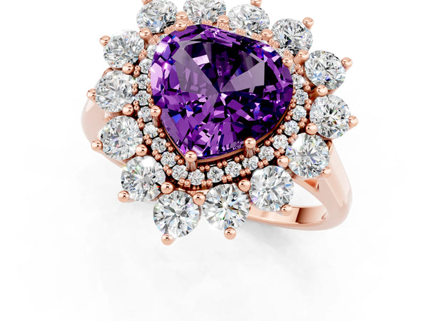 Rose gold Heart Cut Amethyst Floral Double Halo Engagement Ring with Prong Setting