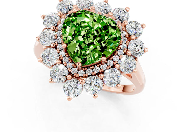 Rose gold Heart Cut Peridot Floral Double Halo Engagement Ring with Prong Setting