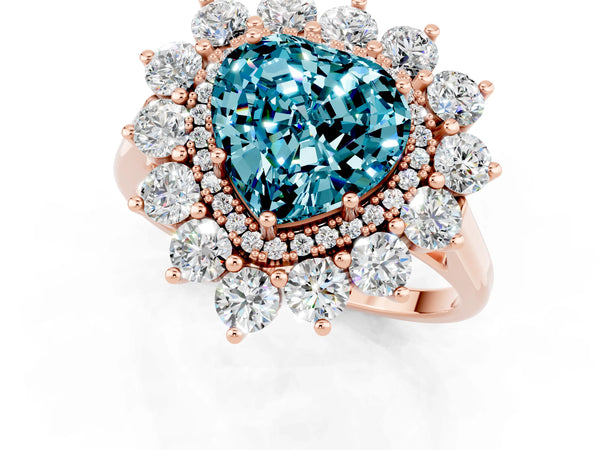 Rose gold Heart Cut Blue Topaz Floral Double Halo Engagement Ring with Prong Setting
