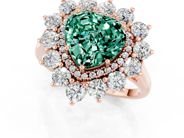 Rose gold Heart Cut Green Sapphire Floral Double Halo Engagement Ring with Prong Setting