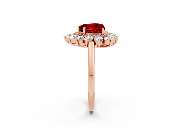 Rose gold Heart Cut Ruby Floral Double Halo Engagement Ring with Prong Setting