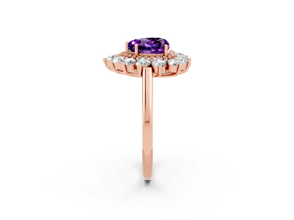 Rose gold Heart Cut Amethyst Floral Double Halo Engagement Ring with Prong Setting