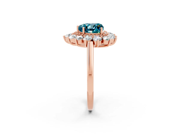 Rose gold Heart Cut Blue Topaz Floral Double Halo Engagement Ring with Prong Setting