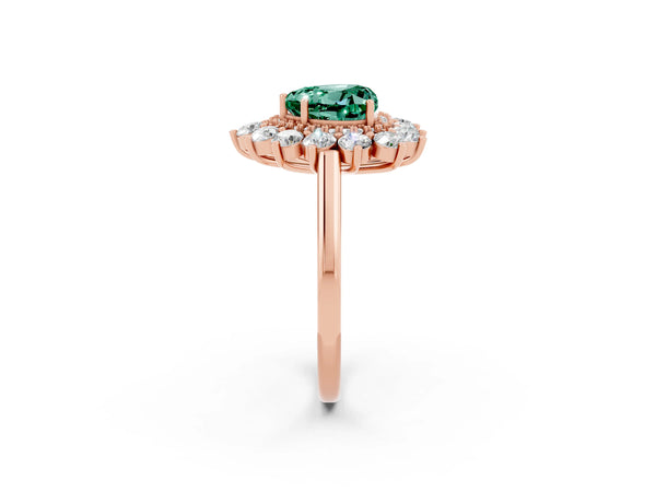 Rose gold Heart Cut Green Sapphire Floral Double Halo Engagement Ring with Prong Setting