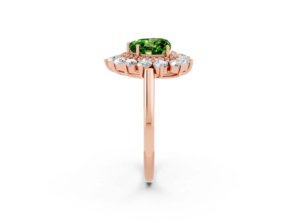 Rose gold Heart Cut Peridot Floral Double Halo Engagement Ring with Prong Setting