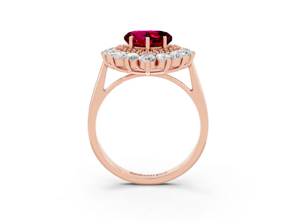 Rose gold Heart Cut Garnet Floral Double Halo Engagement Ring with Prong Setting