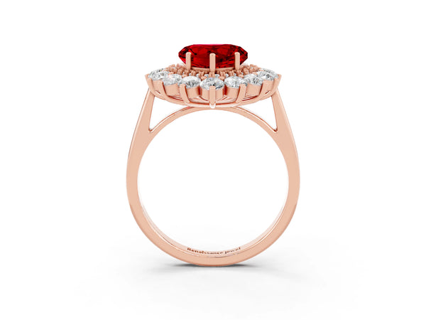 Rose gold Heart Cut Ruby Floral Double Halo Engagement Ring with Prong Setting