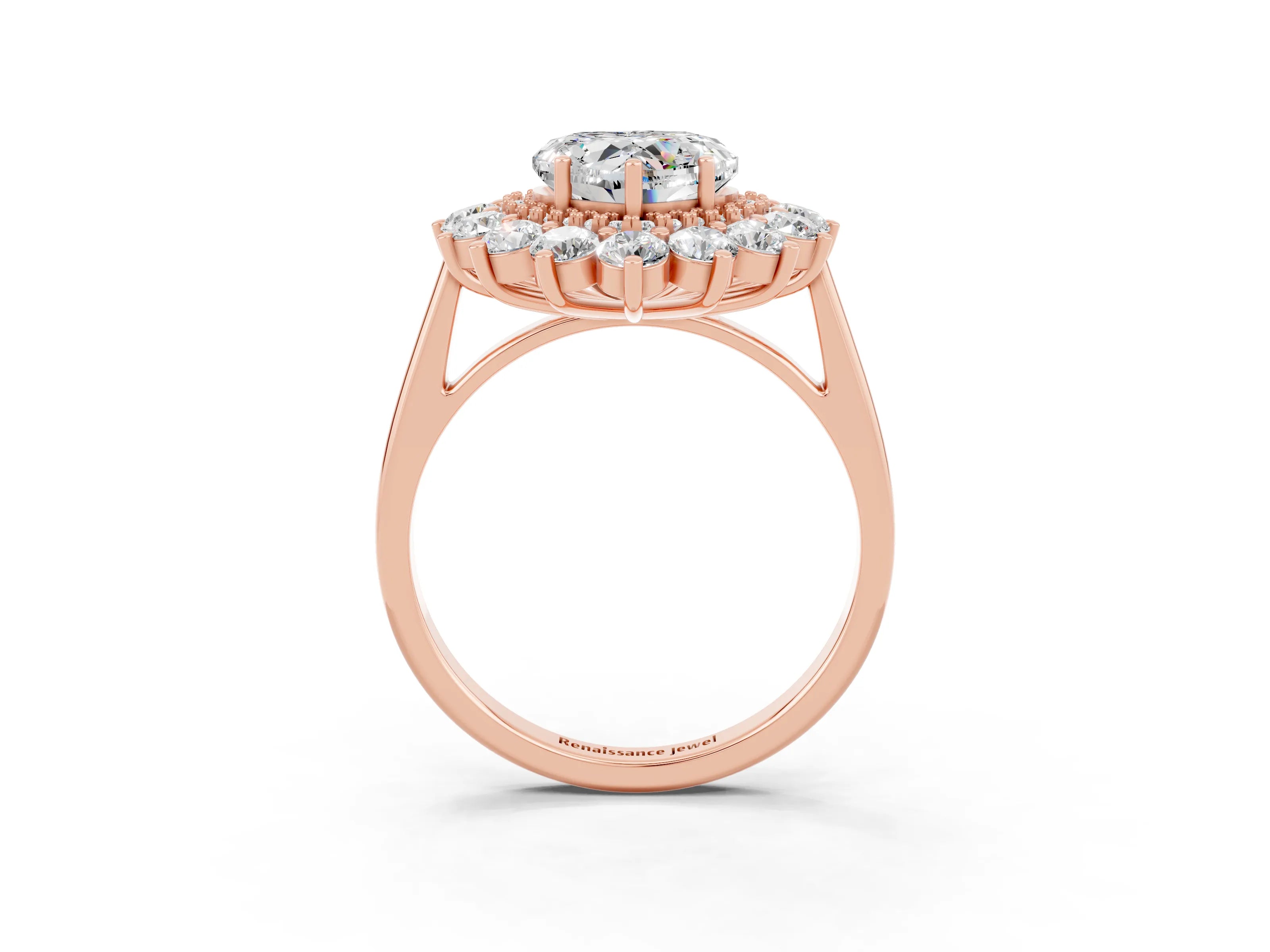 Rose gold Heart Cut Halo Cluster Diamond Ring with Pave Band and Four-Prong Setting_15
