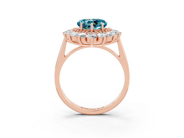 Rose gold Heart Cut Blue Topaz Floral Double Halo Engagement Ring with Prong Setting