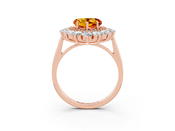 Rose gold Heart Cut Citrine Floral Double Halo Engagement Ring with Prong Setting