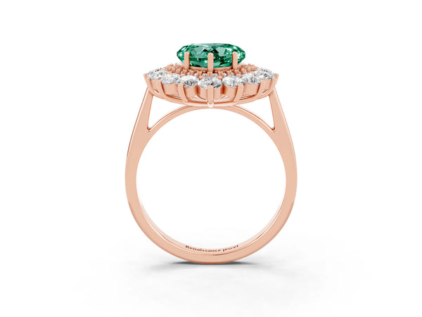 Rose gold Heart Cut Green Sapphire Floral Double Halo Engagement Ring with Prong Setting