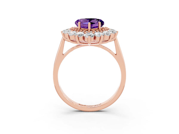 Rose gold Heart Cut Amethyst Floral Double Halo Engagement Ring with Prong Setting