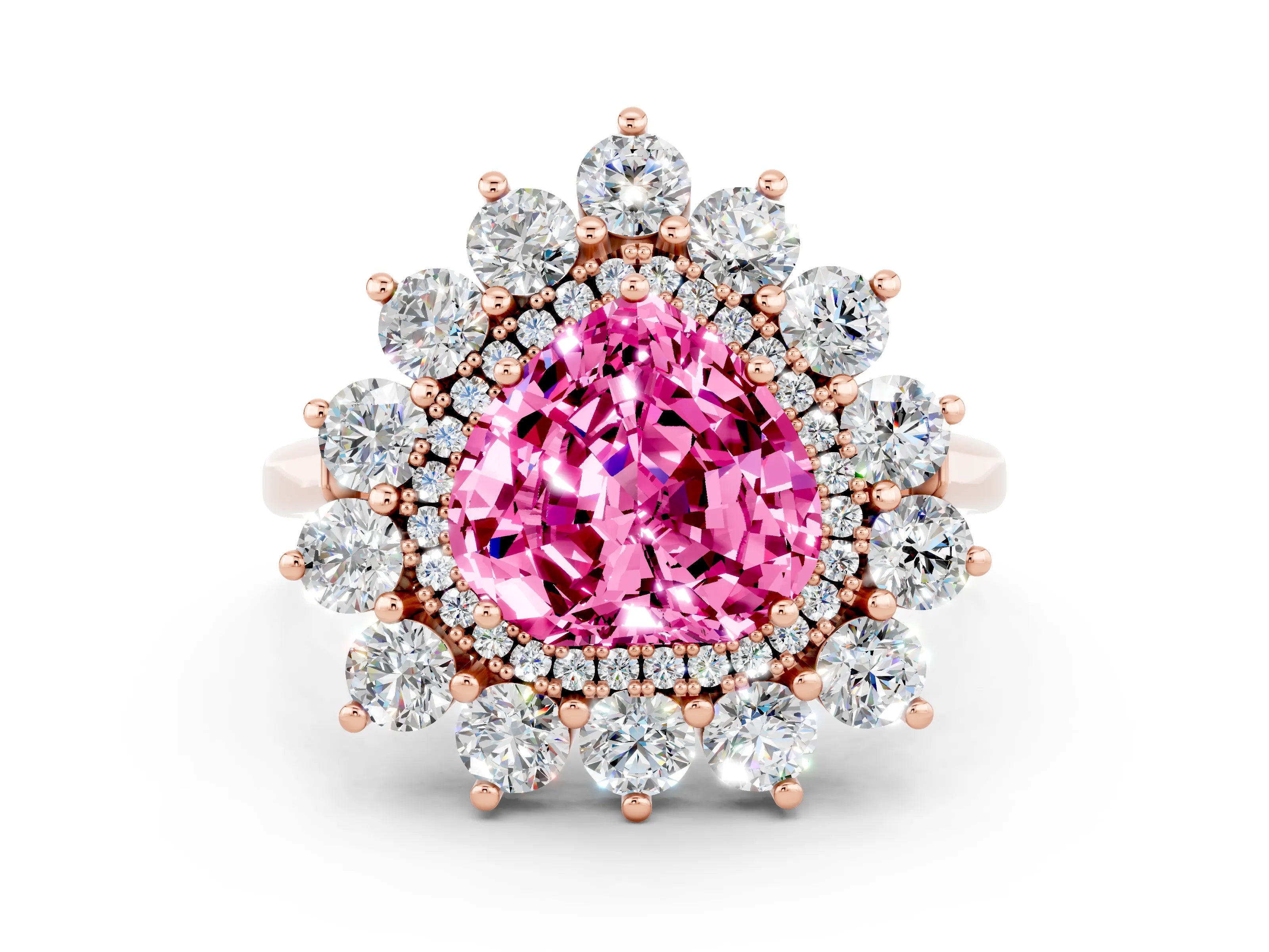 Rose gold Heart Cut Halo Cluster Diamond Ring with Pave Band and Four-Prong Setting