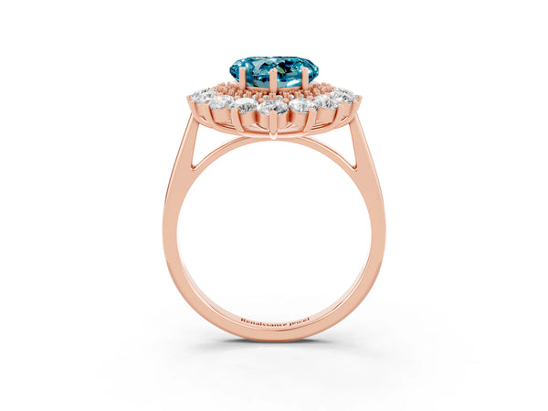 Rose gold Heart Cut Halo Cluster Diamond Ring with Pave Band and Four-Prong Setting