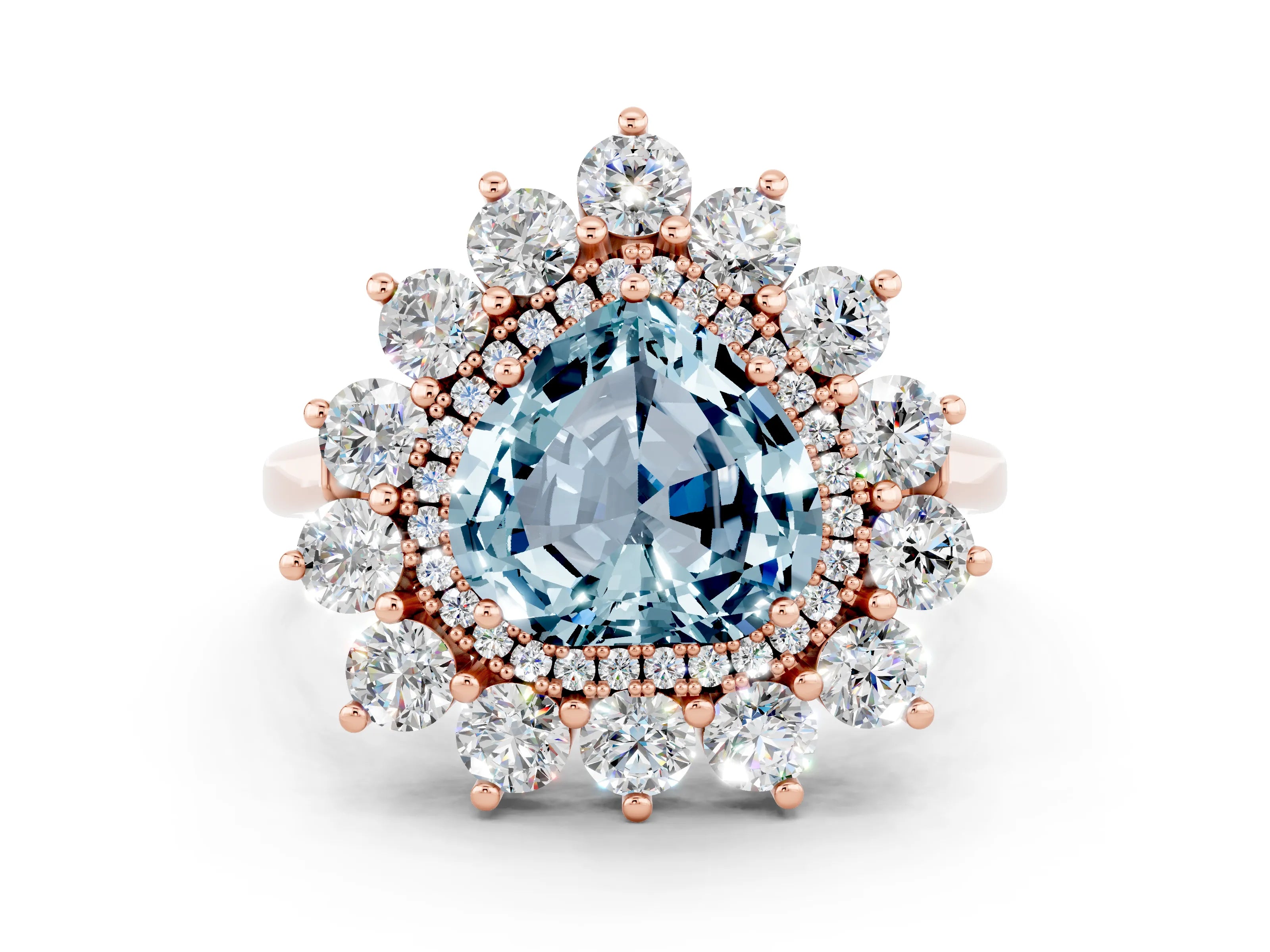 Rose gold Heart Cut Halo Cluster Diamond Ring with Pave Band and Four-Prong Setting