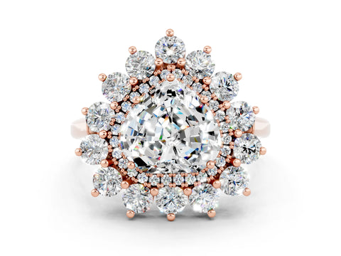 Rose gold Heart Cut Halo Cluster Diamond Ring with Pave Band and Four-Prong Setting