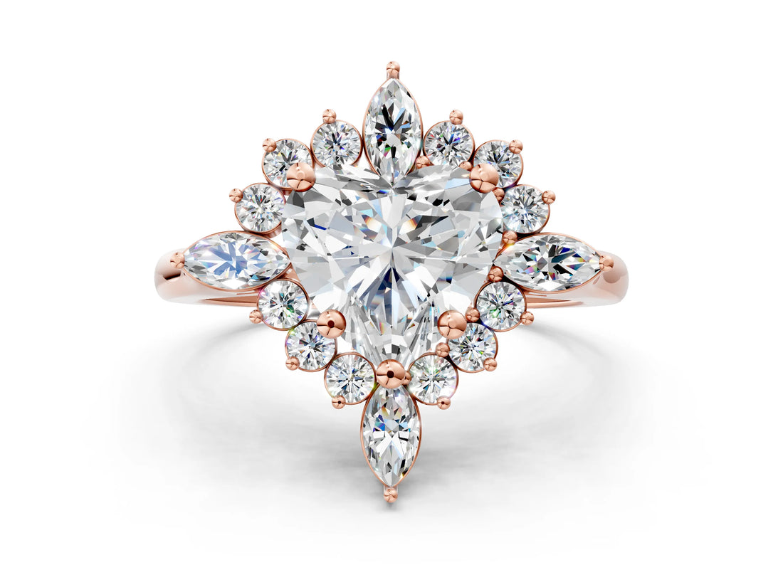 Rose gold Heart Cut Halo Diamond Cluster Ring with Marquise and Round Stones on a White Gold Band with Prong Setting_27