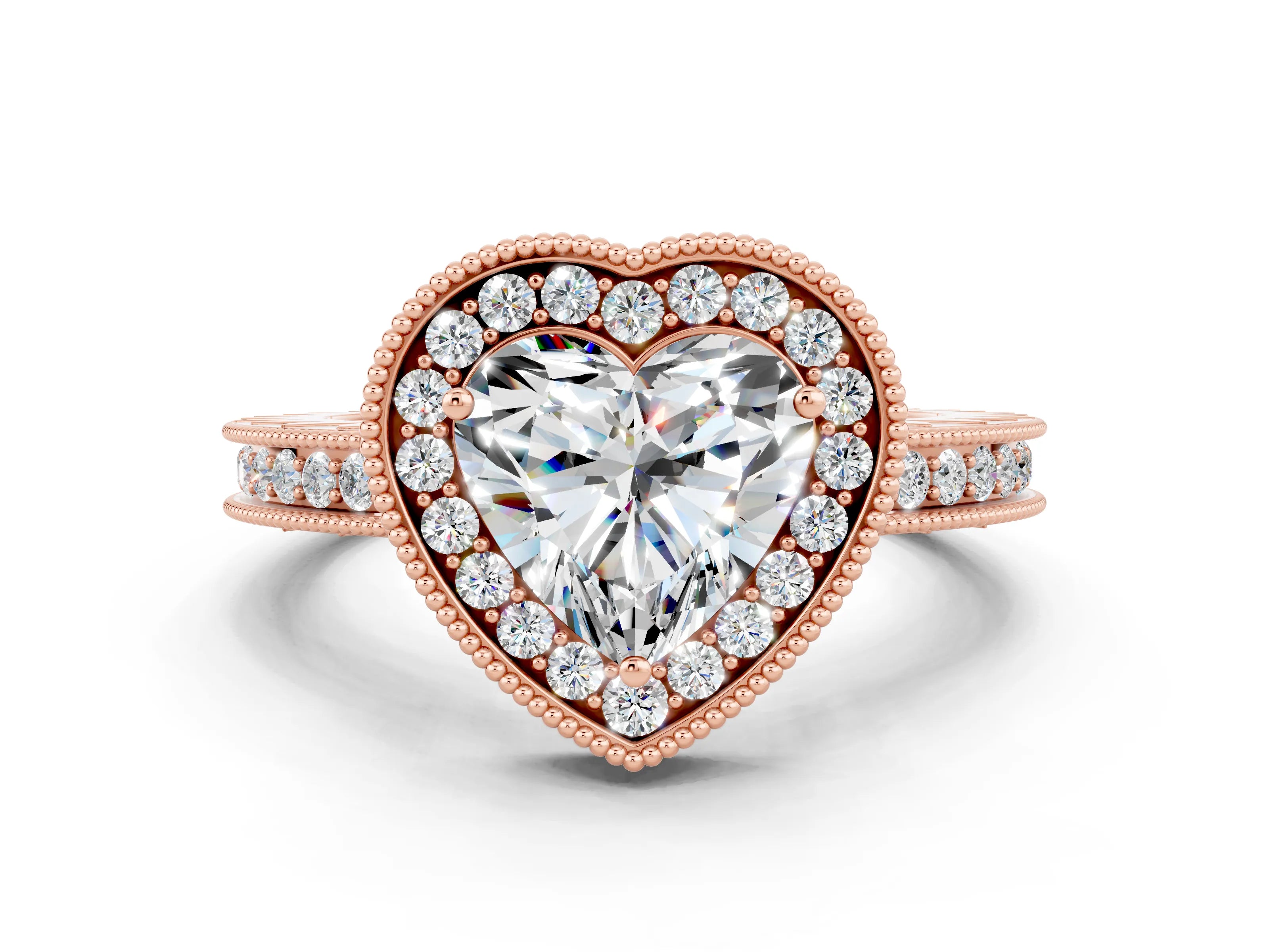 Rose gold Heart Cut Halo Diamond Engagement Ring with Milgrain Pave Band and Four-Prong Setting