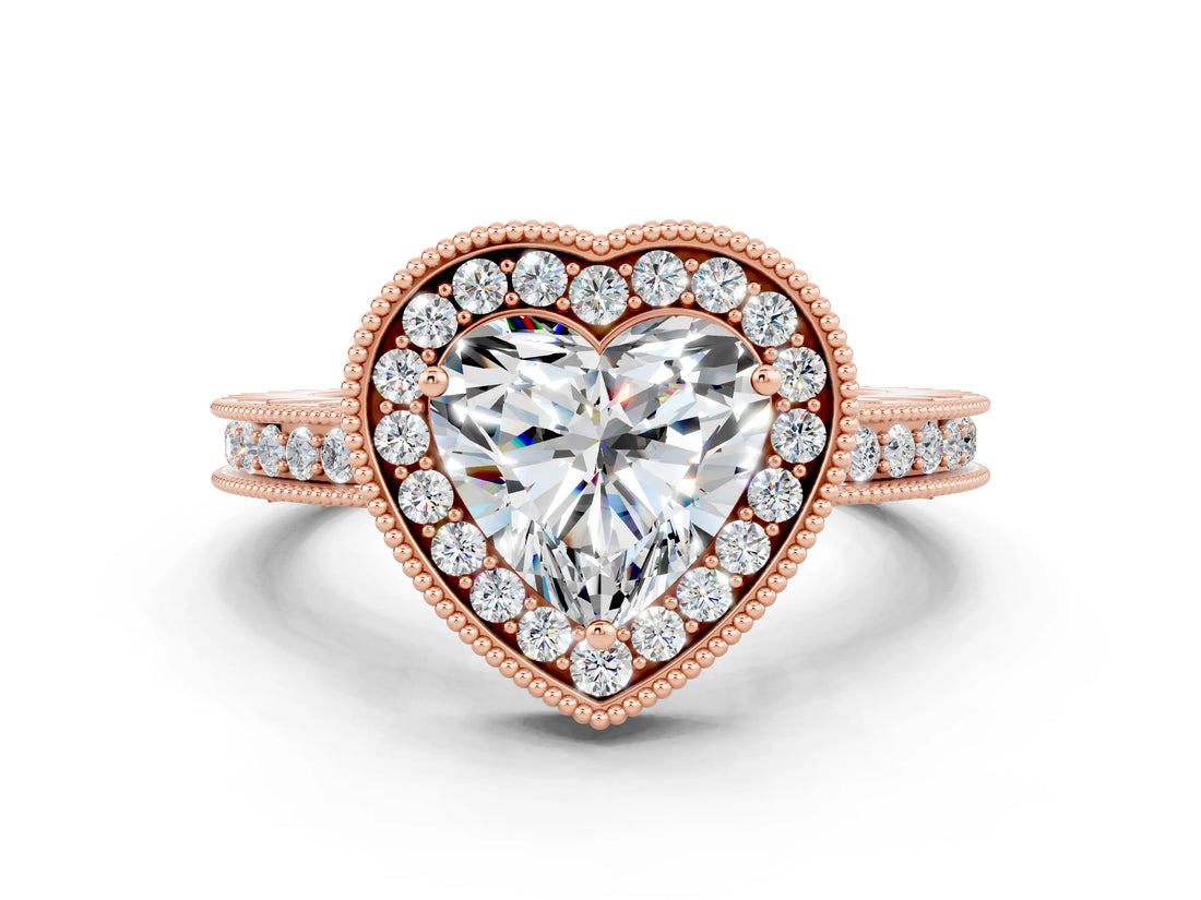 Rose gold Heart Cut Halo Diamond Engagement Ring with Milgrain Pave Band and Four-Prong Setting
