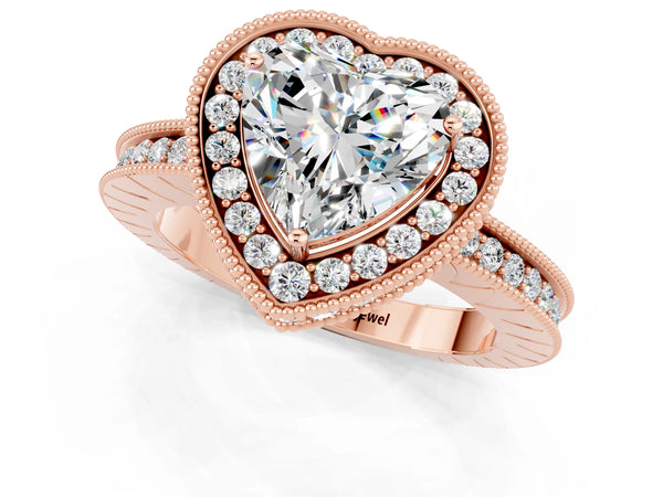 Rose gold Heart Cut Halo Diamond Engagement Ring with Milgrain Pave Band and Four-Prong Setting