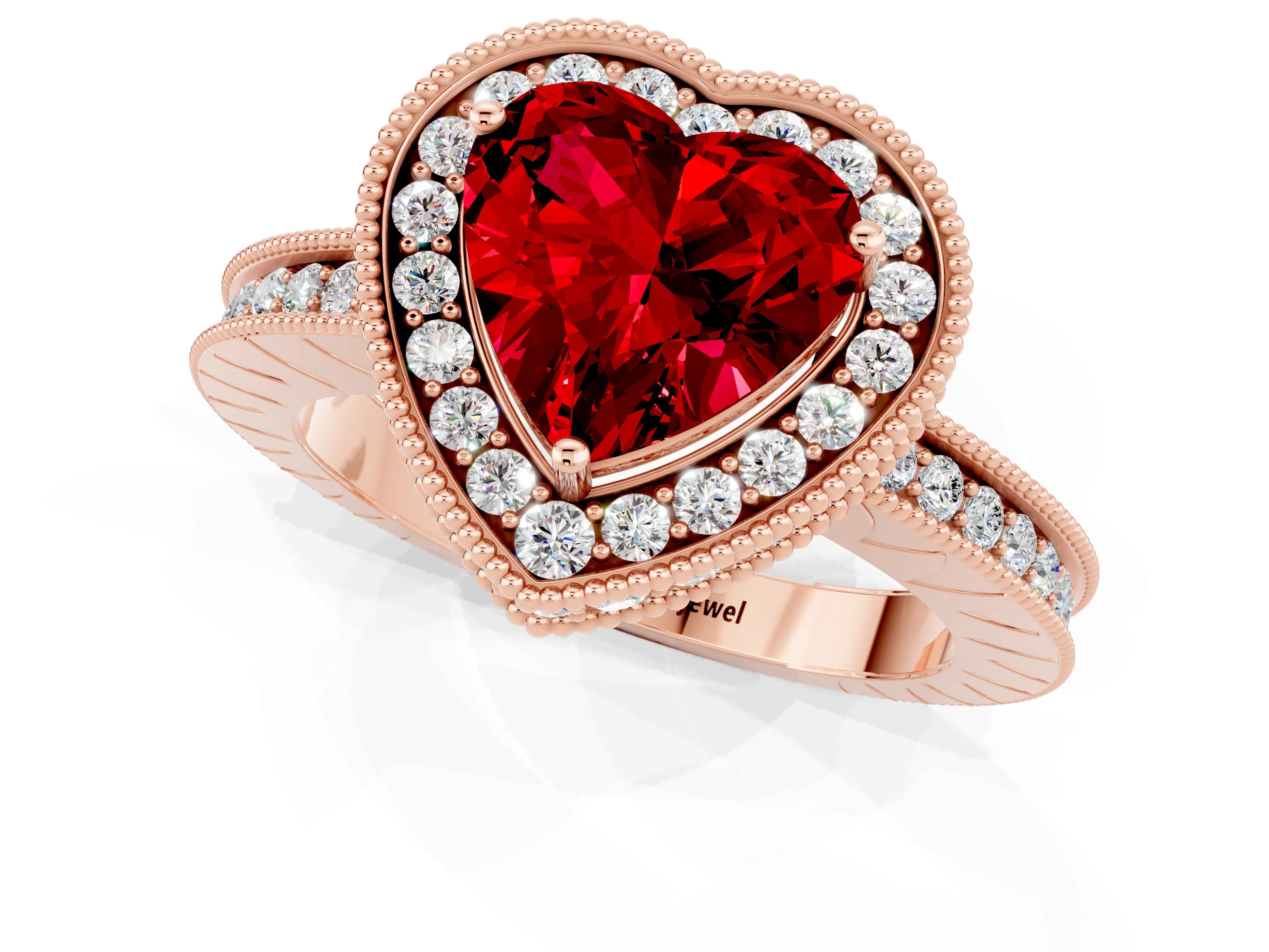 Rose gold Heart Cut Halo Diamond Engagement Ring with Milgrain Pave Band and Four-Prong Setting_1
