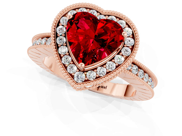 Rose gold Heart Cut Halo Diamond Engagement Ring with Milgrain Pave Band and Four-Prong Setting