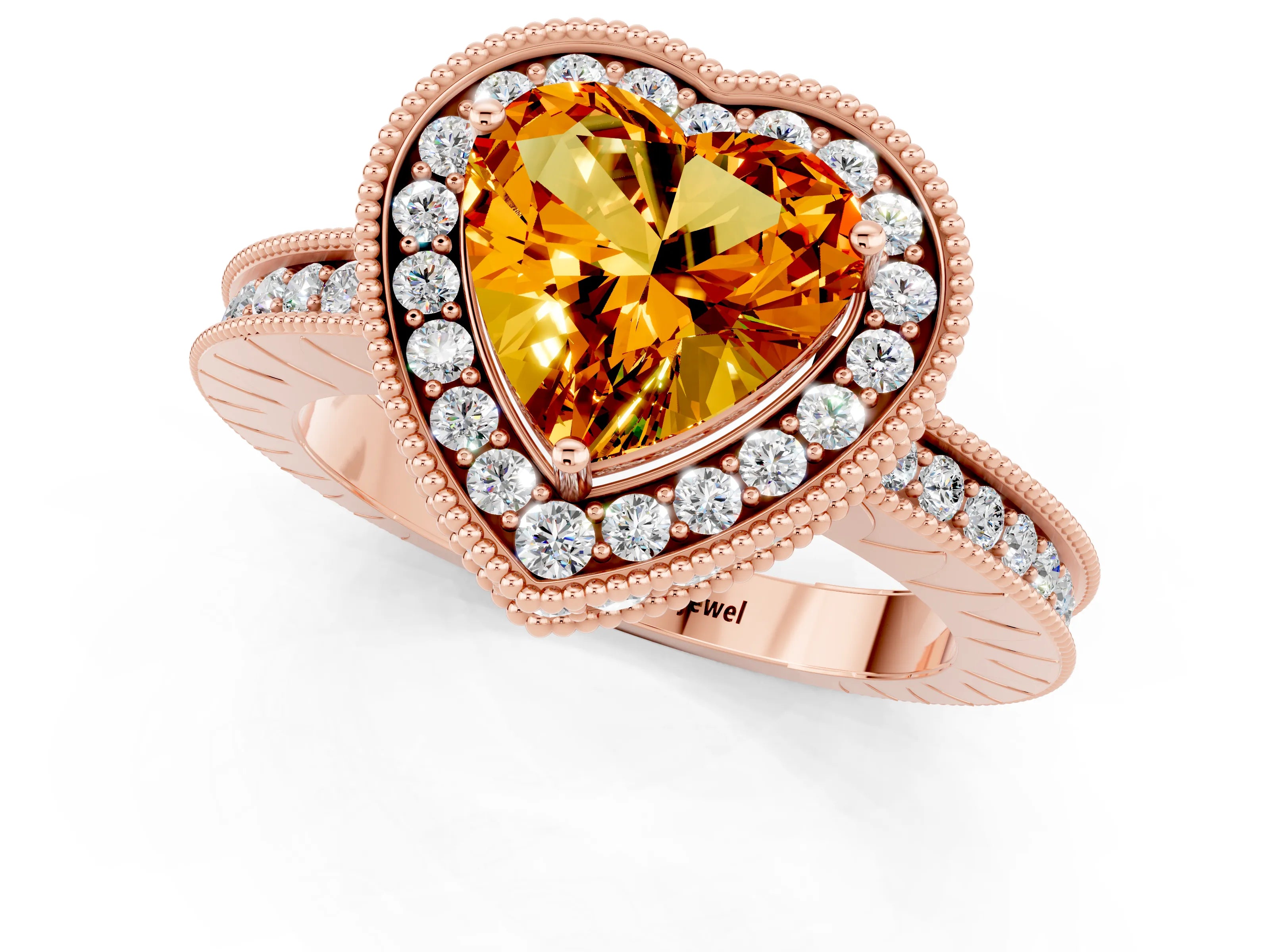 Rose gold Heart Cut Halo Diamond Engagement Ring with Milgrain Pave Band and Four-Prong Setting_1