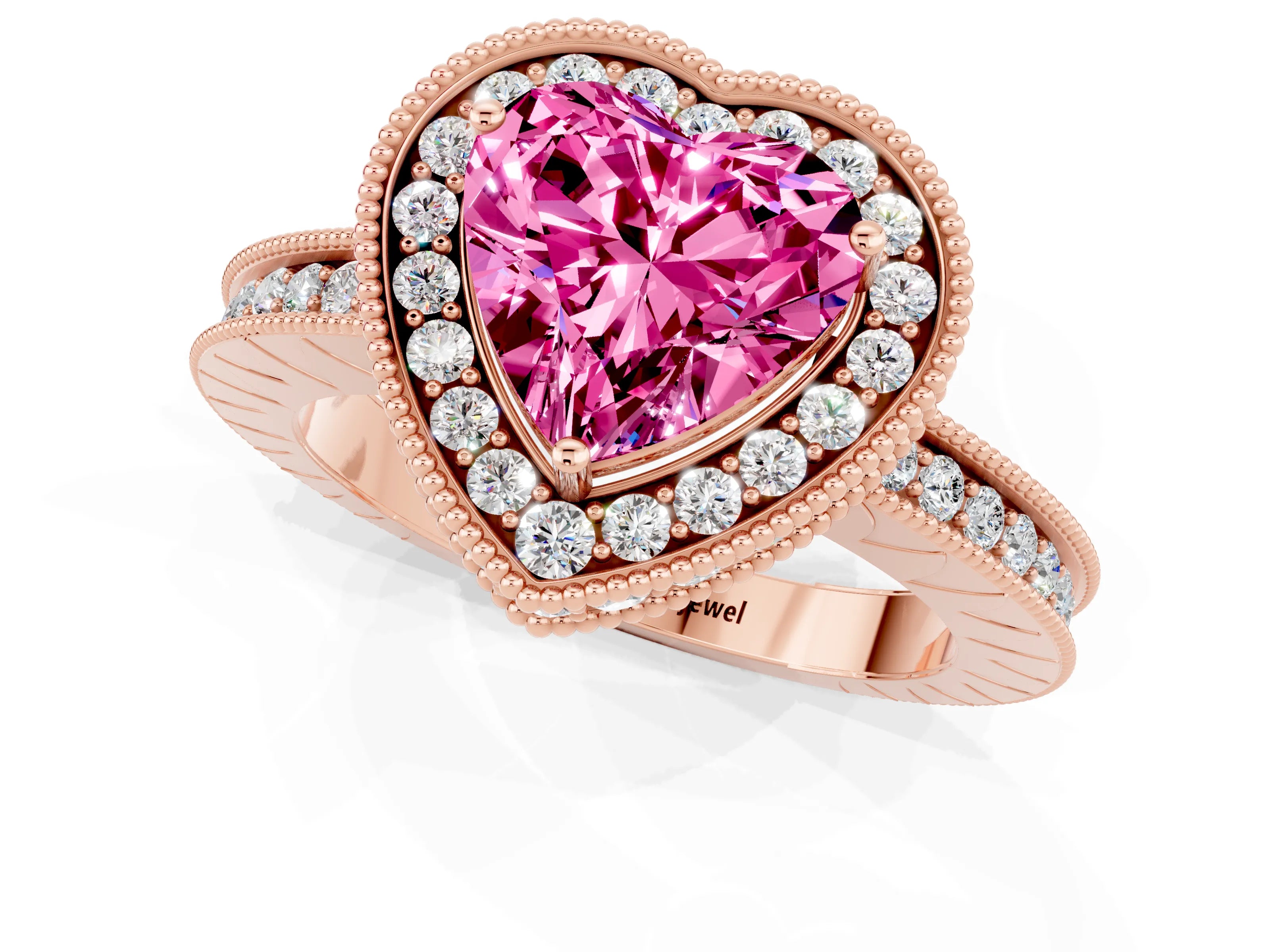 Rose gold Heart Cut Halo Diamond Engagement Ring with Milgrain Pave Band and Four-Prong Setting_1