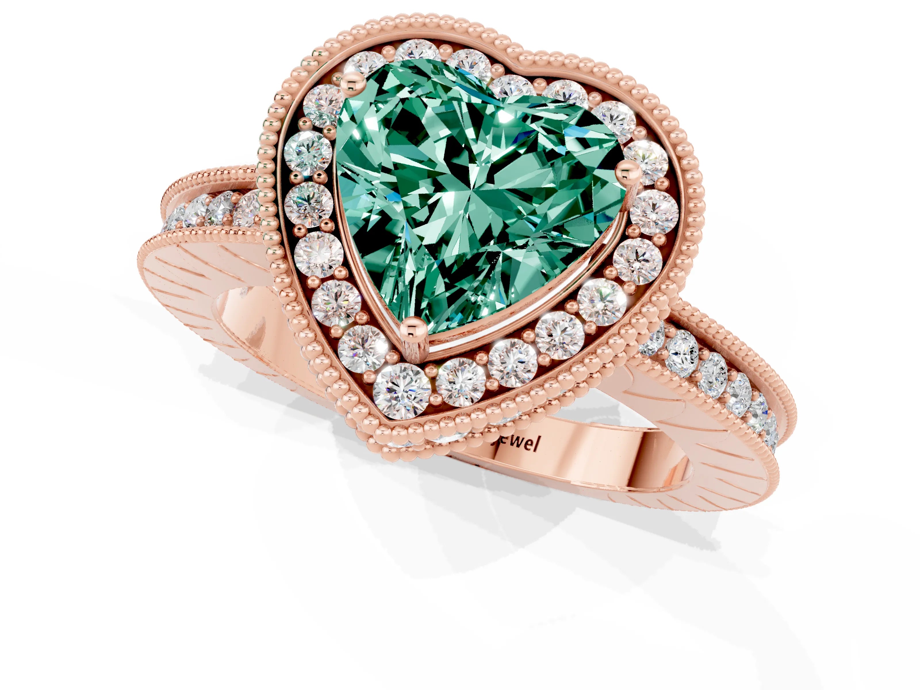 Rose gold Heart Cut Halo Diamond Engagement Ring with Milgrain Pave Band and Four-Prong Setting_1