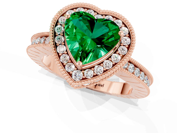 Rose gold Heart Cut Halo Diamond Engagement Ring with Milgrain Pave Band and Four-Prong Setting