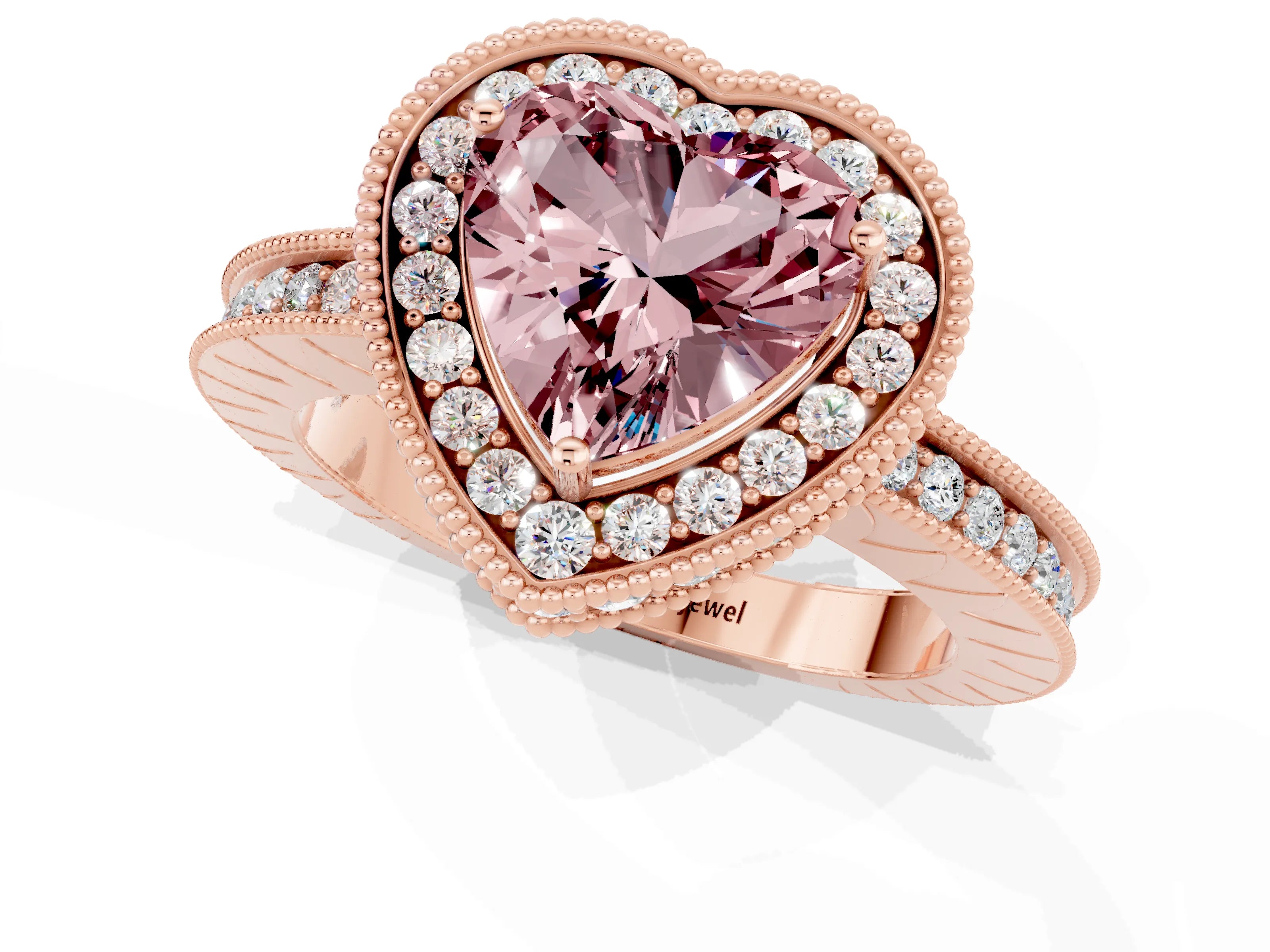 Rose gold Heart Cut Halo Diamond Engagement Ring with Milgrain Pave Band and Four-Prong Setting_1