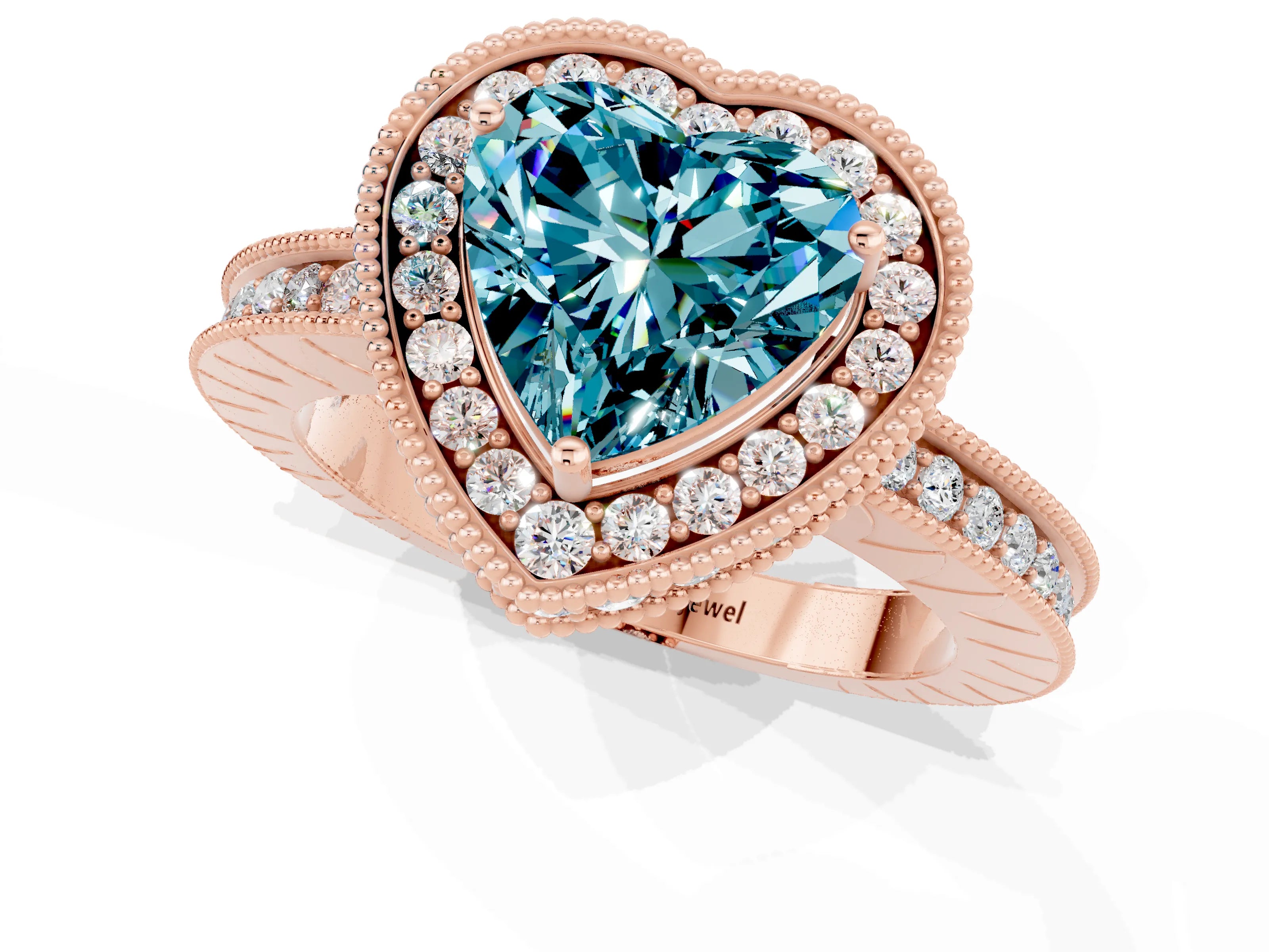 Rose gold Heart Cut Halo Diamond Engagement Ring with Milgrain Pave Band and Four-Prong Setting_1