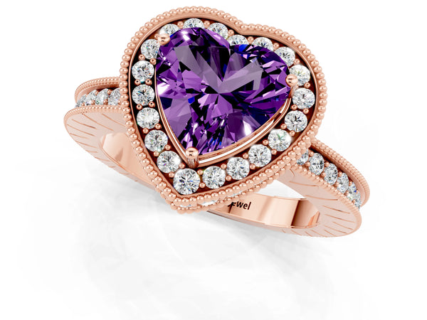 Rose gold Heart Cut Amethyst Milgrain Halo Engagement Ring with Round Pavé Band and Prong Setting