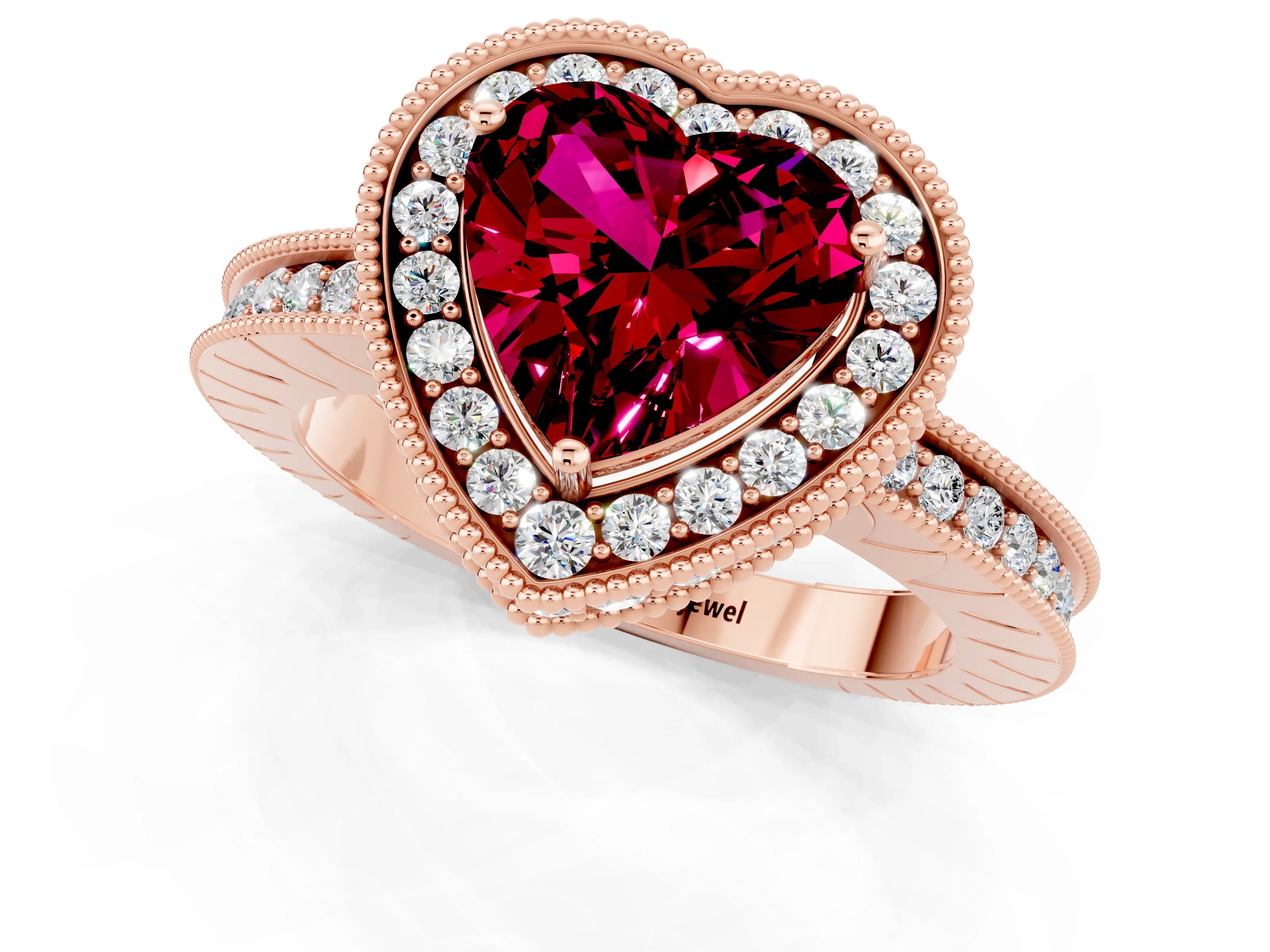 Rose gold Heart Cut Halo Diamond Engagement Ring with Milgrain Pave Band and Four-Prong Setting_1