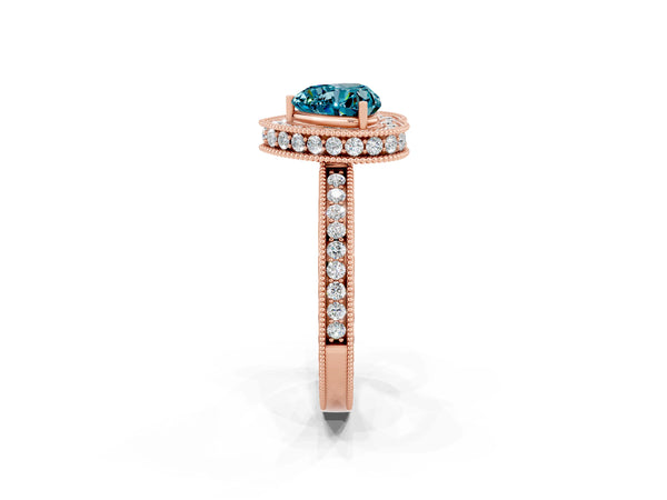 Rose gold Heart Cut Halo Diamond Engagement Ring with Milgrain Pave Band and Four-Prong Setting
