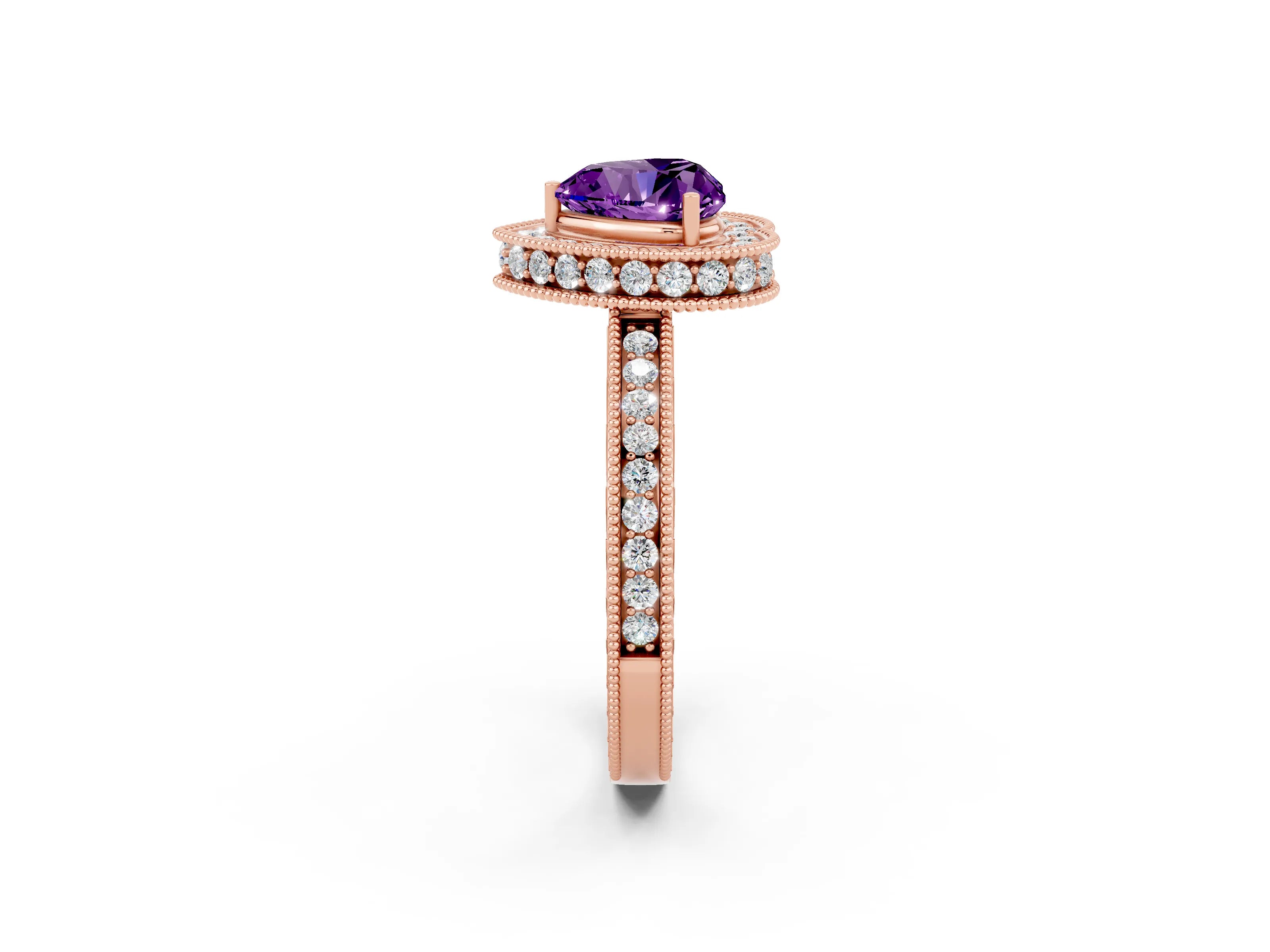 Rose gold Heart Cut Halo Diamond Engagement Ring with Milgrain Pave Band and Four-Prong Setting_2
