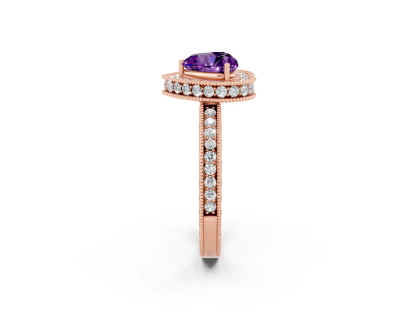 Rose gold Heart Cut Amethyst Milgrain Halo Engagement Ring with Round Pavé Band and Prong Setting