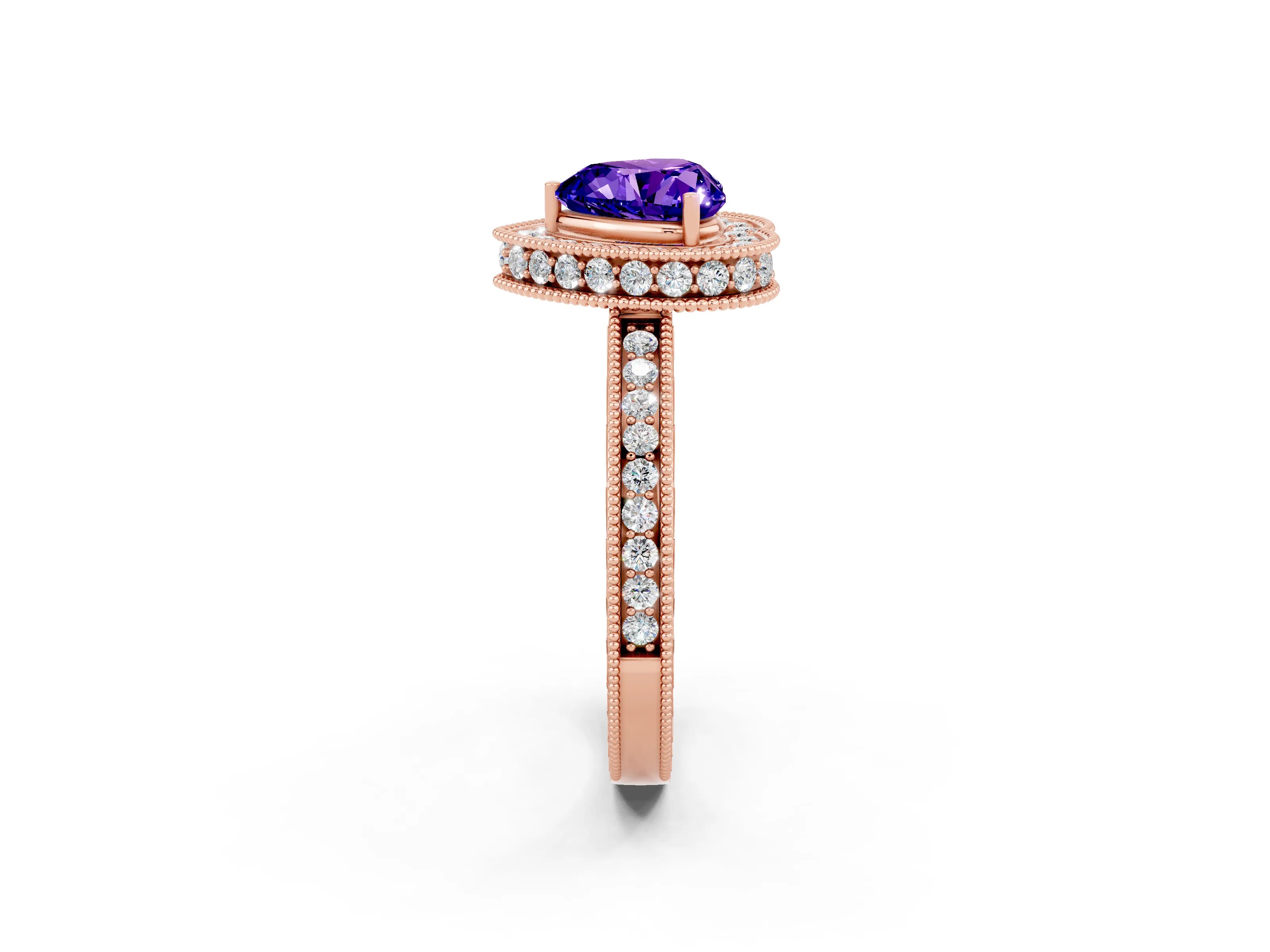 Rose gold Heart Cut Halo Diamond Engagement Ring with Milgrain Pave Band and Four-Prong Setting_2