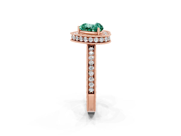 Rose gold Heart Cut Halo Diamond Engagement Ring with Milgrain Pave Band and Four-Prong Setting