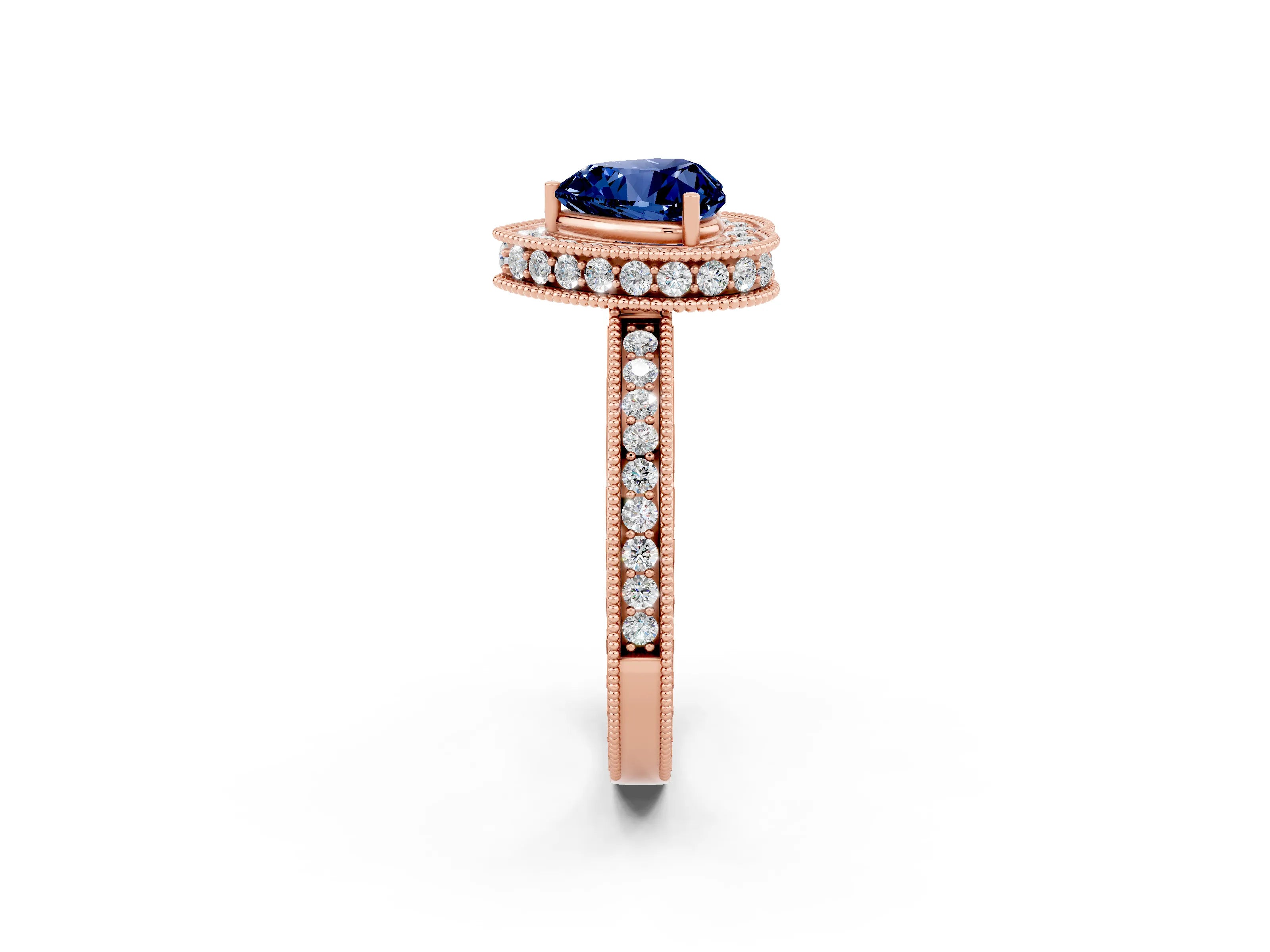 Rose gold Heart Cut Halo Diamond Engagement Ring with Milgrain Pave Band and Four-Prong Setting_2