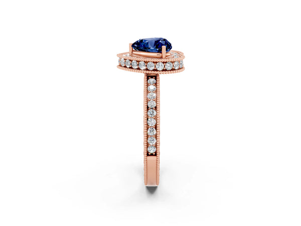 Rose gold Heart Cut Halo Diamond Engagement Ring with Milgrain Pave Band and Four-Prong Setting