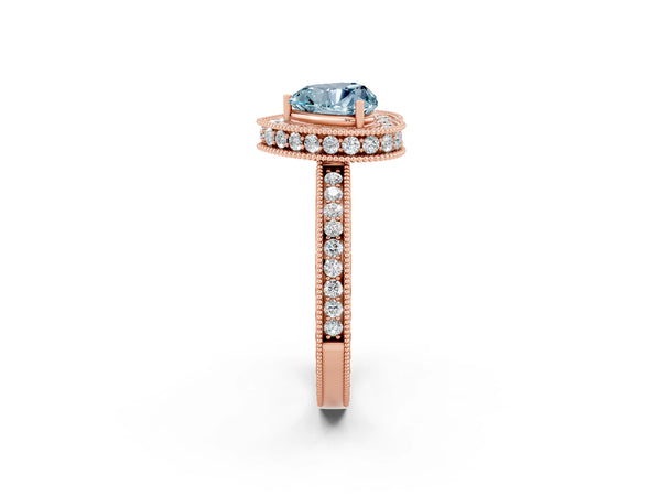 Rose gold Heart Cut Halo Diamond Engagement Ring with Milgrain Pave Band and Four-Prong Setting