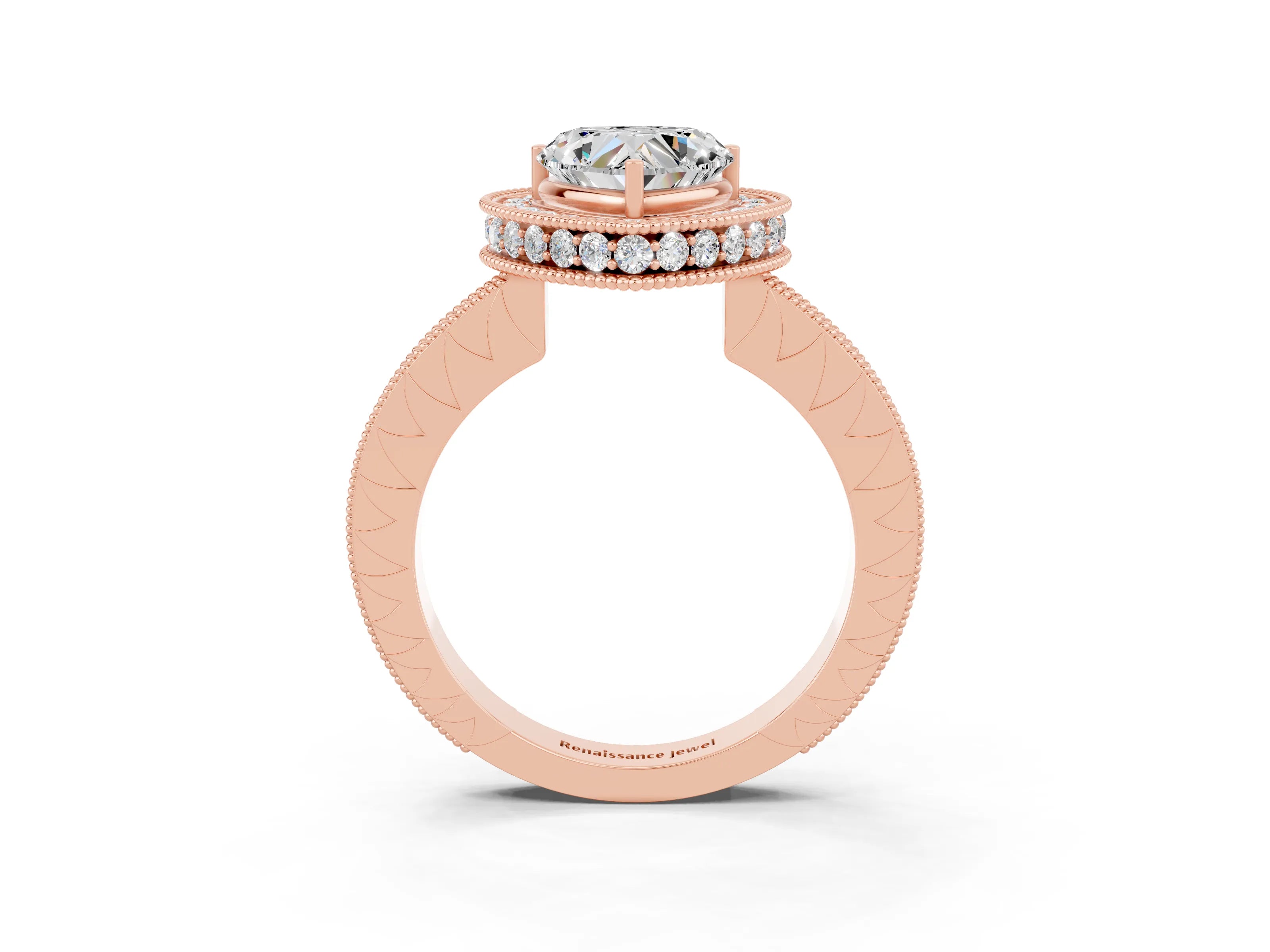 Rose gold Heart Cut Halo Diamond Engagement Ring with Milgrain Pave Band and Four-Prong Setting_3