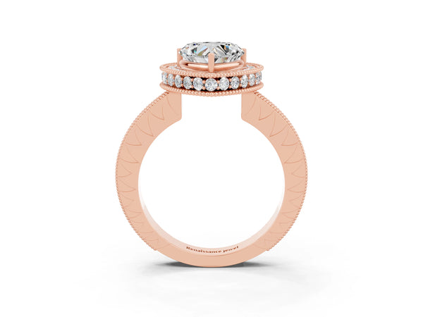 Rose gold Heart Cut Halo Diamond Engagement Ring with Milgrain Pave Band and Four-Prong Setting