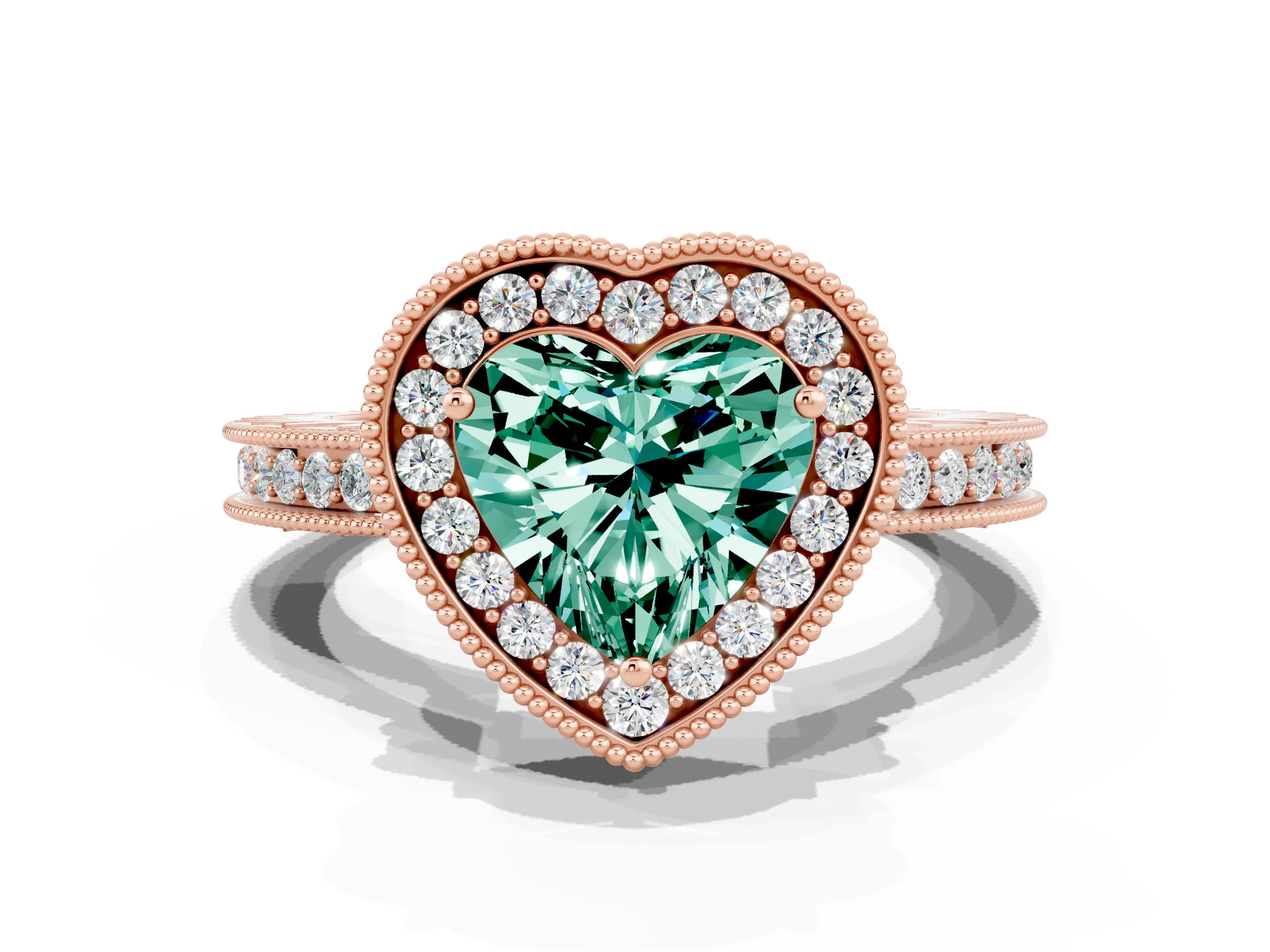 Rose gold Heart Cut Halo Diamond Engagement Ring with Milgrain Pave Band and Four-Prong Setting
