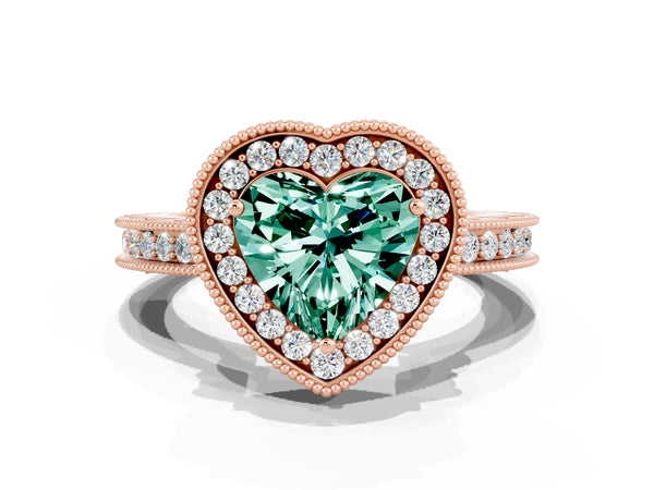 Rose gold Heart Cut Halo Diamond Engagement Ring with Milgrain Pave Band and Four-Prong Setting
